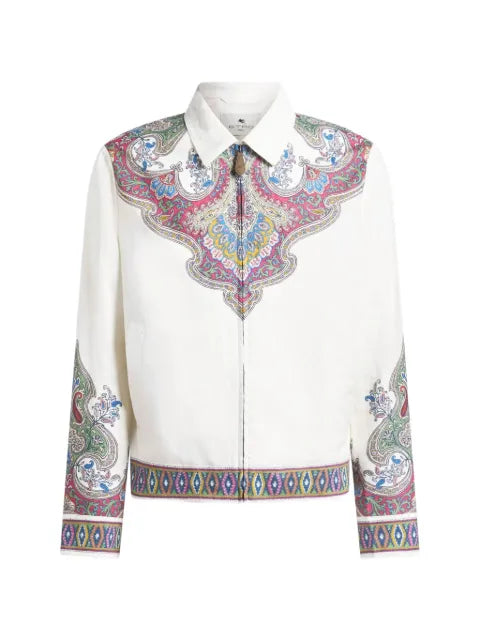 ETRO linen bomber jacket with placed Paisley pochette print