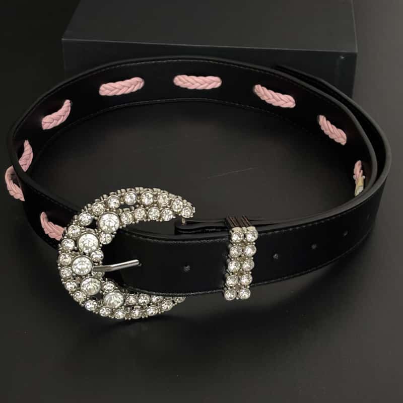26SS Leather Belt Rhinestone Buckle Pink Cutout Full Grain Waist Belt