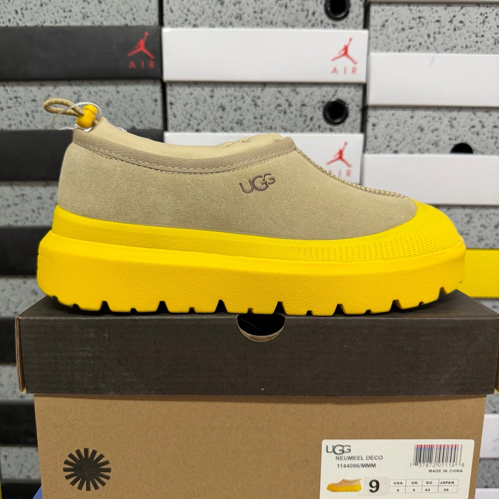 UGG Tasman X Platform Slip-On – Suede Clog with Shearling Lining, Paracord Toggle & Bold Yellow Chunky Platform Sole in Sand