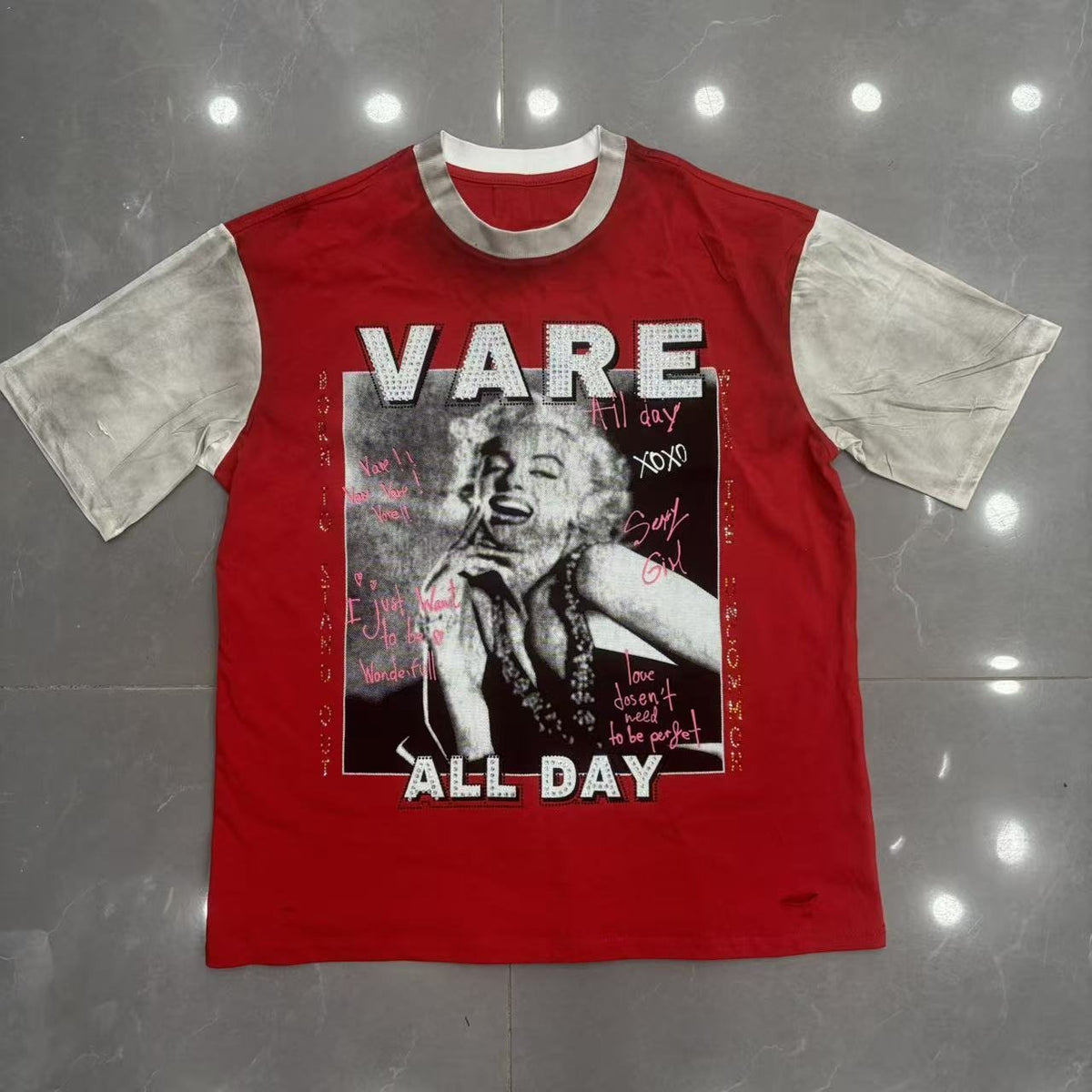 VARE ALL DAY Red Color Block Graphic T-Shirt