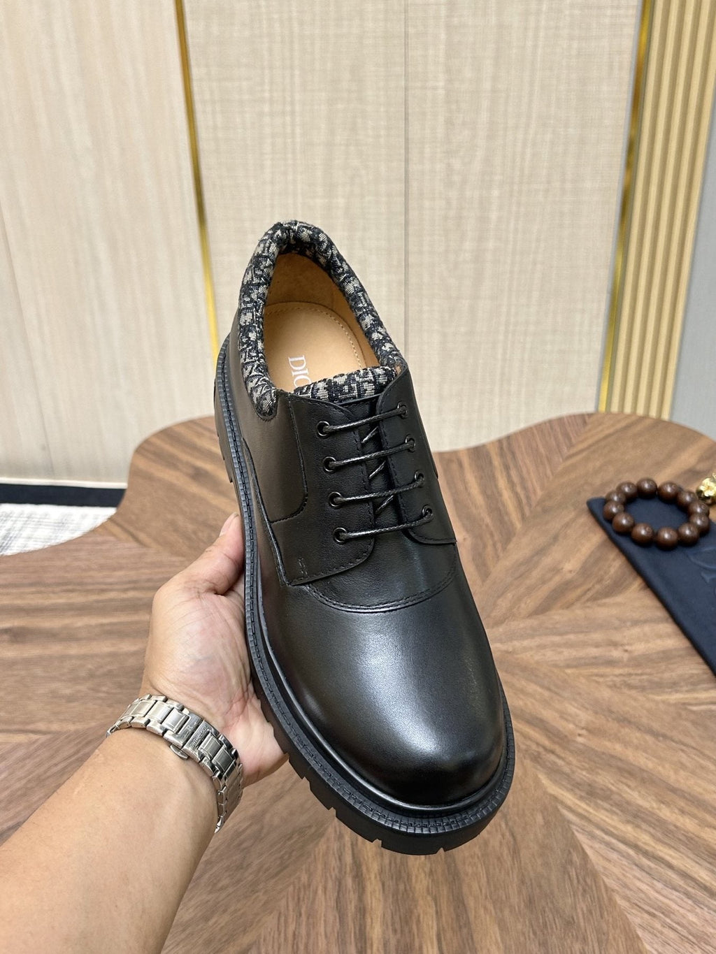 Dior Black Patterned-Collar Lace-Up Shoes