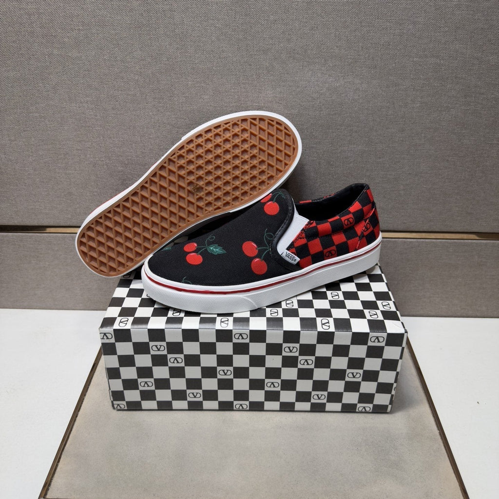 Vans Men's Cherry Checkerboard Slip-On Shoes - Black, Red & White