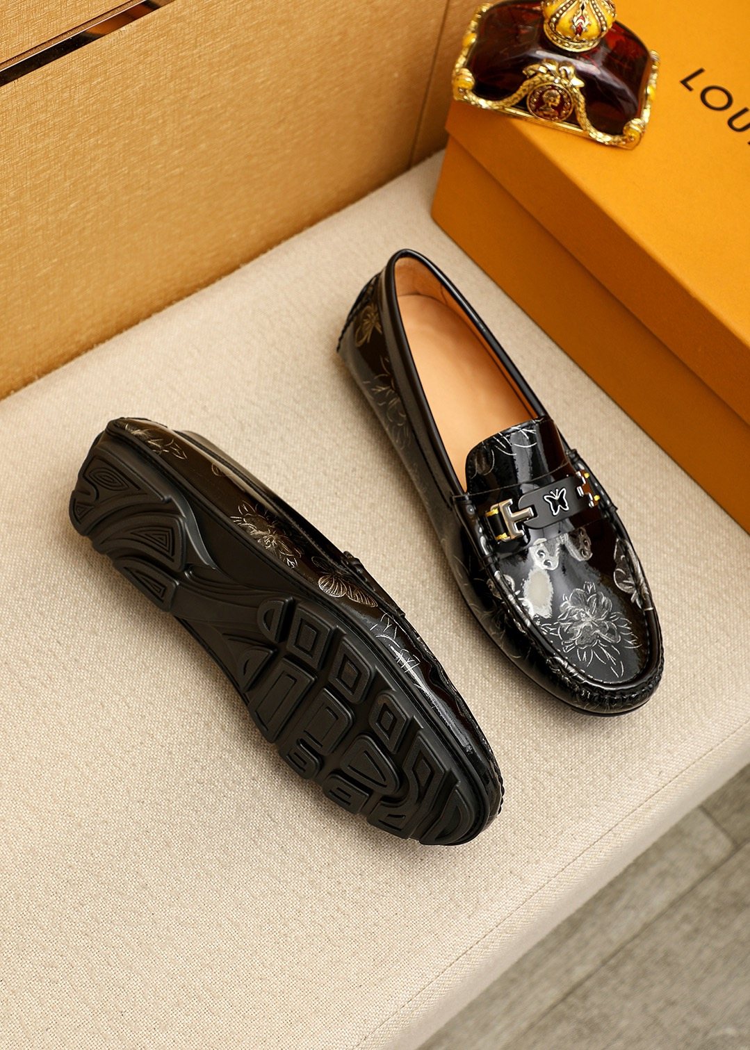 Louis Vuitton Black Floral-Embossed Buckle Loafers