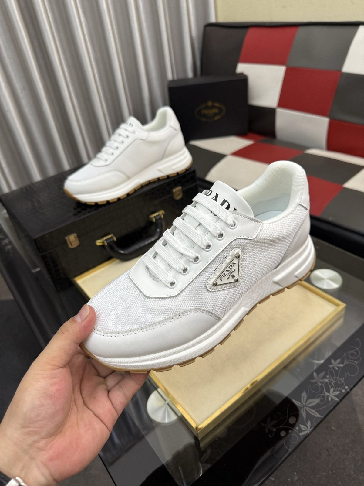 Prada Men's Triangle Plaque Low-Top Sneakers - Rubber Outsole
